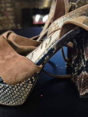 Sam Edelman Brown Suede Platform Heels with Snake-Print Block Heel